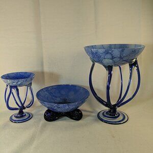 3 Josefina Krosno Cobalt Blue Octopus Style Art Glass Vase Bowls Dishes HTF Lot